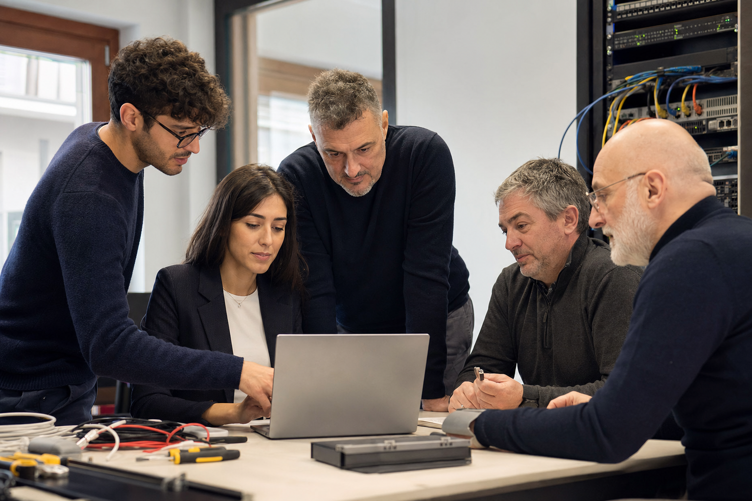 Un team tecnico esamina un progetto al computer accanto a strumenti e cavi di rete